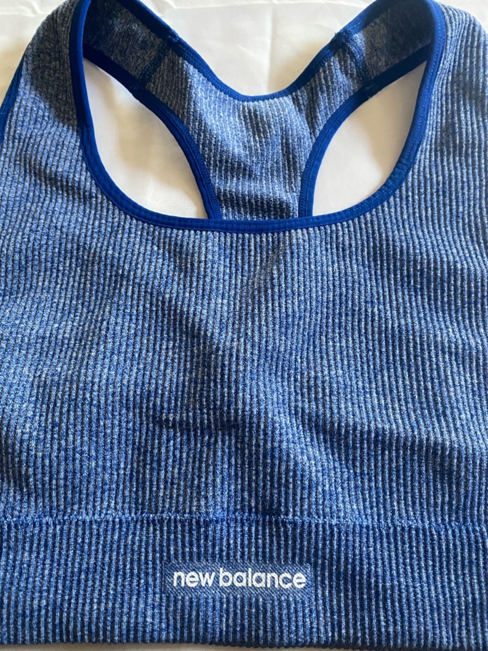New Balance Blue Ribbed Racerback Sports Bra with Contrast Trim